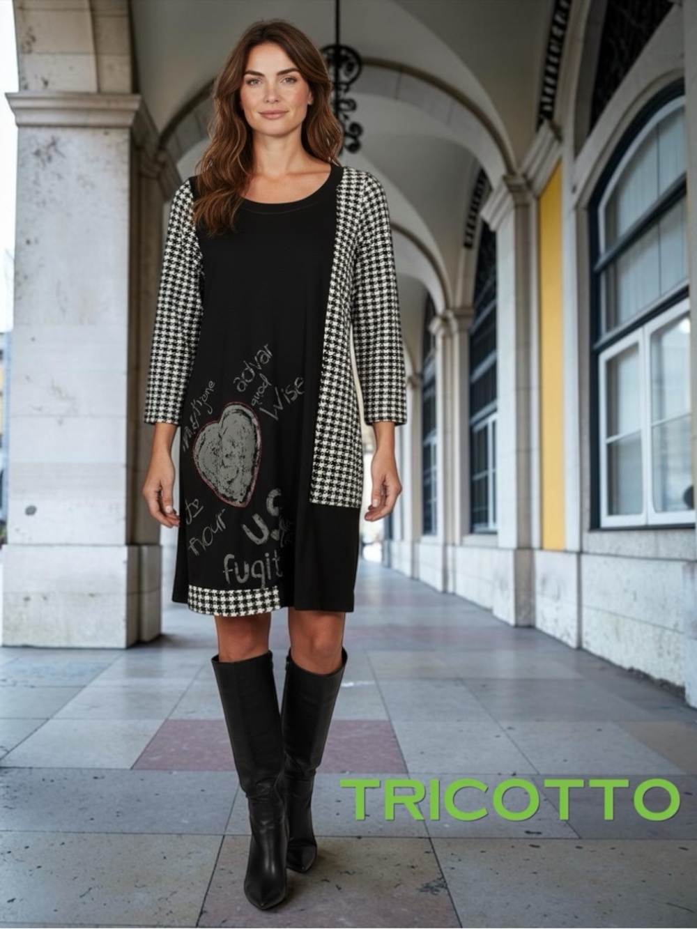 TRICOTTO, XL, Black White Houndstooth Heart Print Stretch A-Line Dress